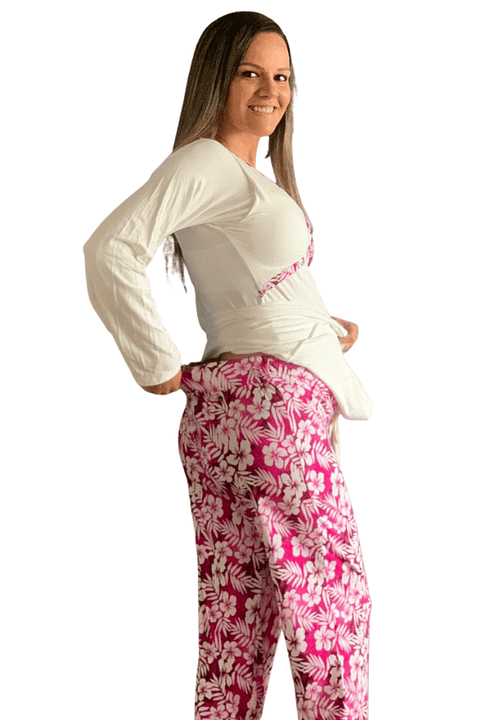 Pijama Maternal Pantalon Polo Cruzado MangaLarga Lactancia, FucsiaFloreado