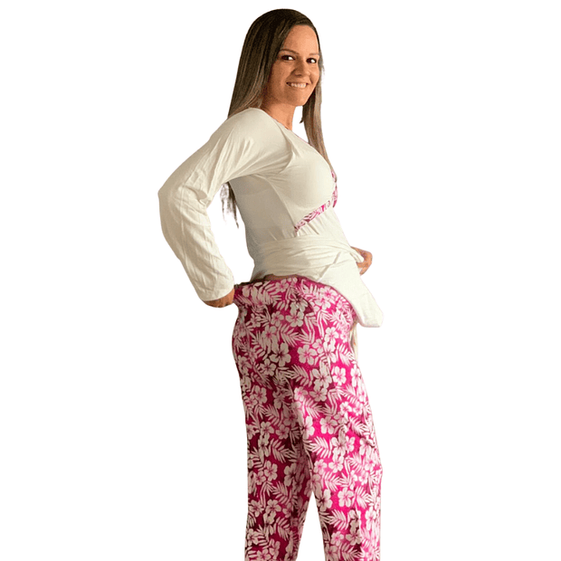 Pijama Maternal Pantalon Polo Cruzado Manga Larga Lactancia, FloreadoFucsia