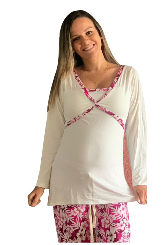 Pijama Maternal Pantalon Polo Cruzado Manga Larga Lactancia, FloreadoFucsia 2