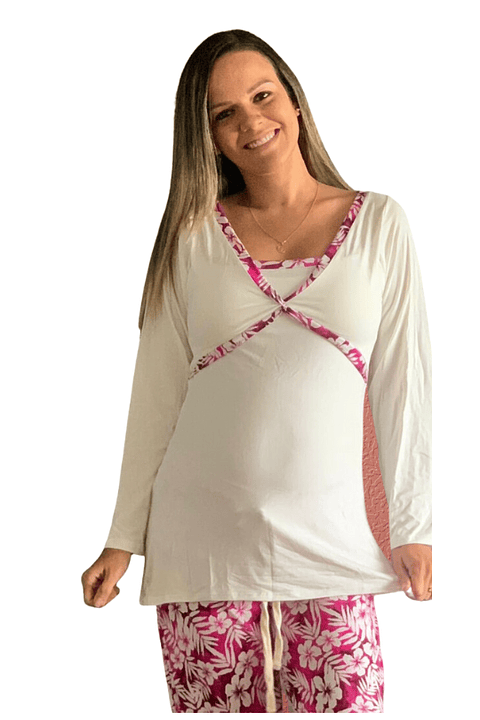 Pijama Maternal Pantalon Polo Cruzado MangaLarga Lactancia, FucsiaFloreado