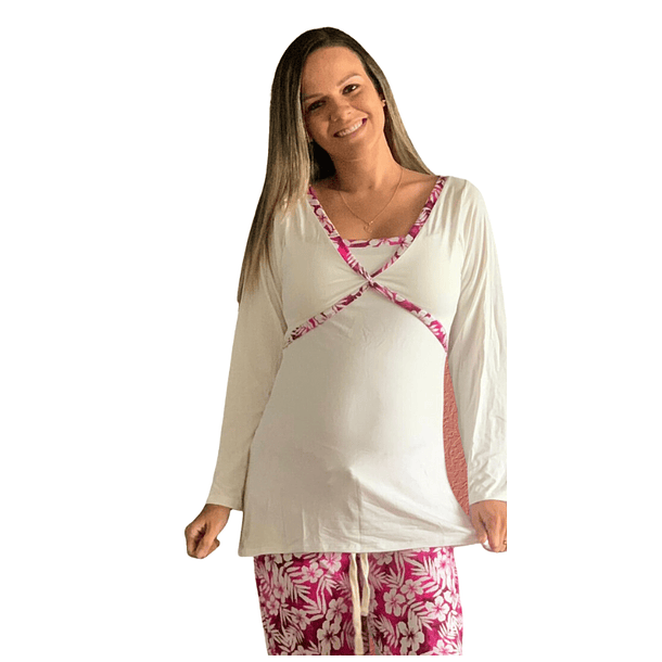 Pijama Maternal Pantalon Polo Cruzado Manga Larga Lactancia, FloreadoFucsia 2