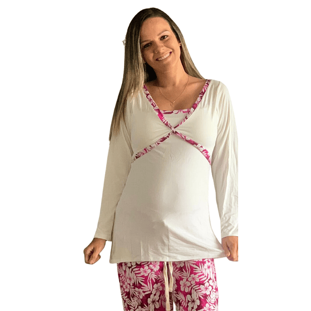 Pijama Maternal Pantalon Polo Cruzado Manga Larga Lactancia, FloreadoFucsia 8