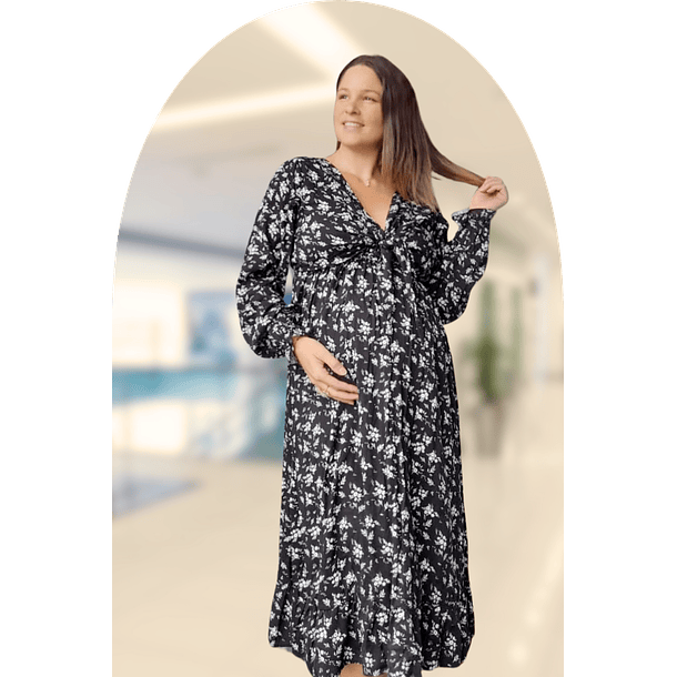 Vestido Maternal Lazo, Sistema Lactancia, FloreadoNegro 13