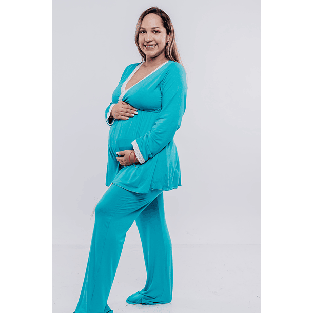 Pijama Maternal  Modelo Victoria, MangaLarga, Algodon, Sistema Lactancia, VerdeJade 12