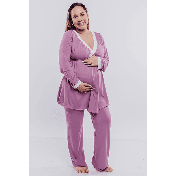 Pijama Maternal  Modelo Victoria, MangaLarga, Algodon, Sistema Lactancia, RosaVieja 8