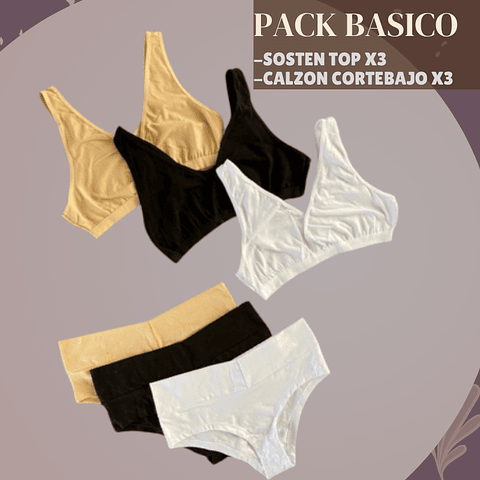 Pack Basico, Calzón CorteBajo x3 y Sostén Top x3 (3 und cda uno)