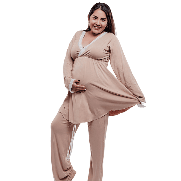 Pijama Maternal  Modelo Victoria, MangaLarga, Algodon Sistema Lactancia, Beige 1