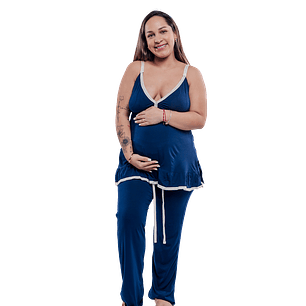 Pijama Maternal Pantalon Polo Tiritas, Broche Lactancia, Top Incorporado, Azul