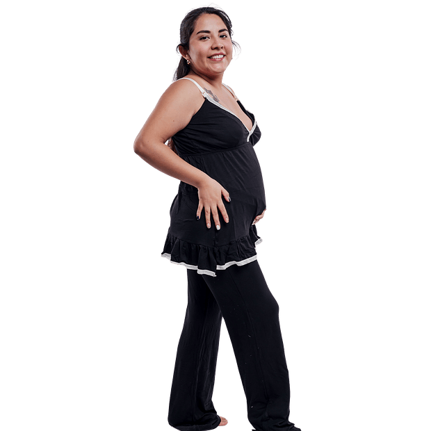 Pijama Maternal Pantalon Polo Tiritas, Broche Lactancia, Top Incorporado, Negro