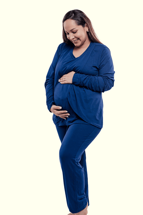 Buzo Maternal Algodon Aperturas Laterales Lactancia, Azul