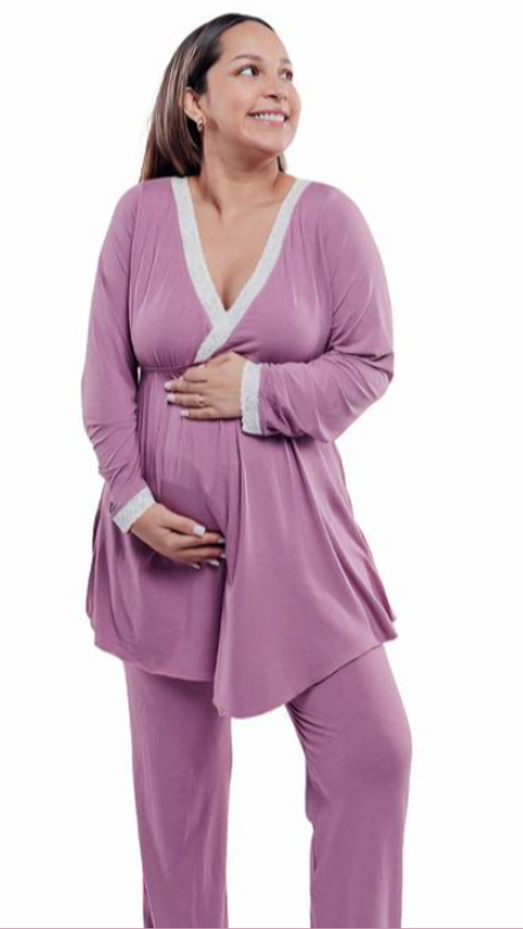 Pijama Maternal  Modelo Victoria, MangaLarga, Algodon, Sistema Lactancia, RosaVieja