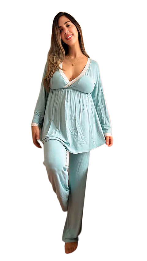 Pijama Maternal  Modelo Victoria, MangaLarga, Algodon, Sistema Lactancia, VerdeCemento