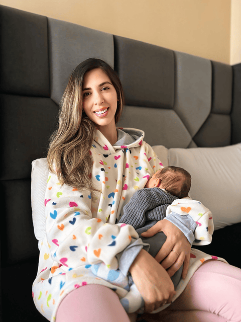 Poncho Maternal  Algodon Lactancia Aperturas Laterales, CremaCorazonesColores