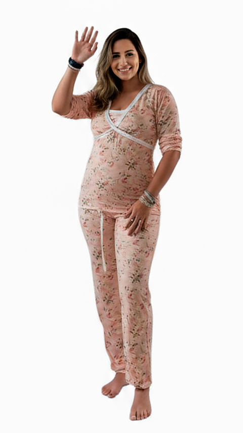 Pijama Maternal Cruzada Manga Larga: Dual-Skin (100% Piel de Durazno) - Naranja Floreado