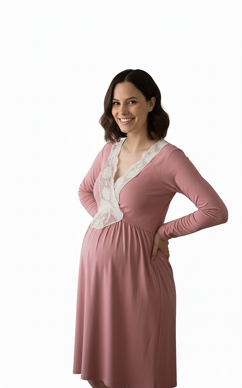 Camisón Maternal Encaje, MangaLarga, Sistema Lactancia, PaloRosa