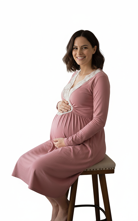 Camisón Maternal Encaje, MangaLarga, Sistema Lactancia, PaloRosa