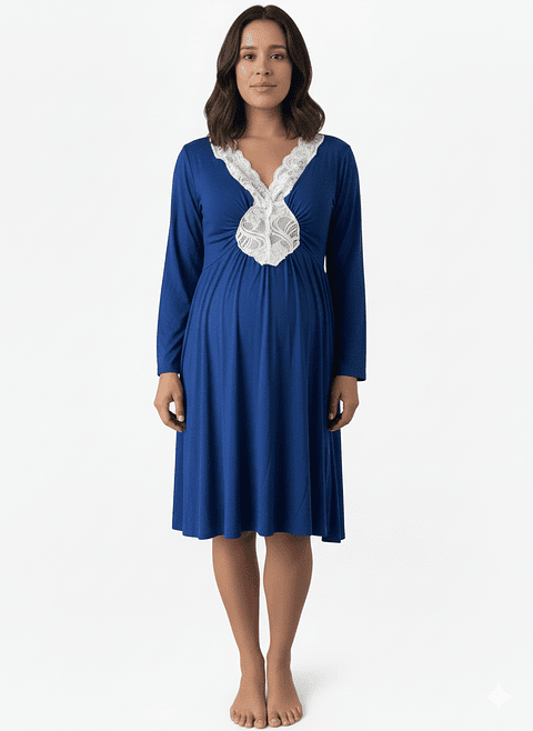 Camisón Maternal Encaje, MangaLarga, Sistema Lactancia, Azul