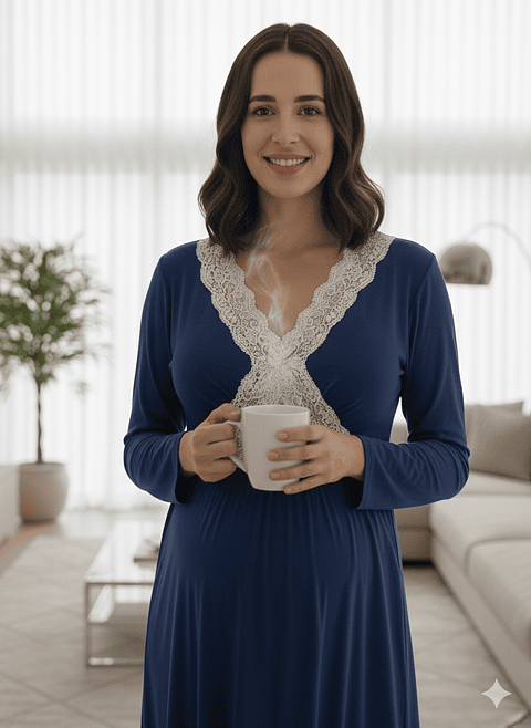 Camisón Maternal Encaje, MangaLarga, Sistema Lactancia, Azul