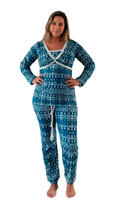 Pijama Maternal Cruzada Manga Larga: Dual-Skin (100% Piel de Durazno) - Celeste Verde