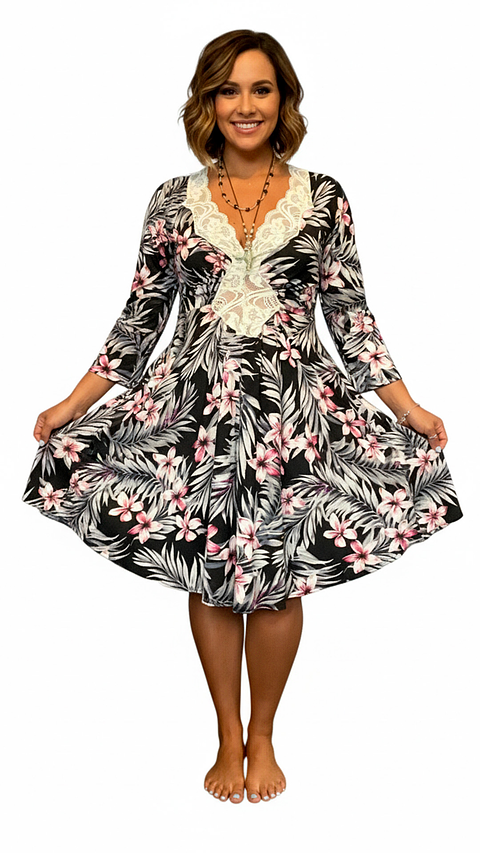 Camisón Maternal Encaje, MangaLarga, Sistema Lactancia, NegroFloreado