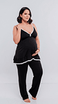 Pijama Maternal Pantalon Polo Tiritas, Broche Lactancia, Top Incorporado, Negro - Miniatura 10
