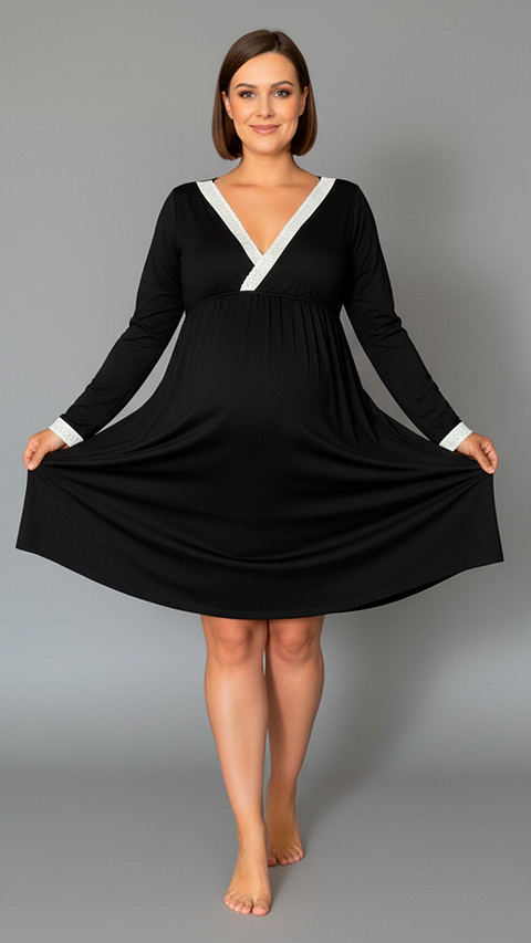 Camisón Maternal Victoria: Manga Larga & Sistema de Lactancia (Negro)