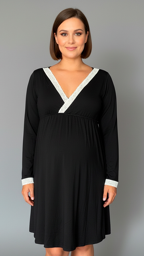 Camisón Maternal Victoria: Manga Larga & Sistema de Lactancia (Negro)