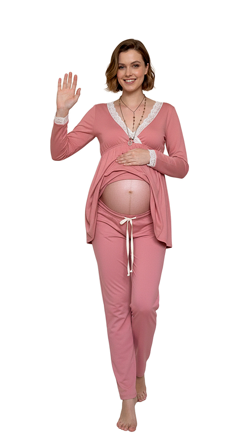 Pijama Maternal  Modelo Victoria, MangaLarga, Algodon, Sistema Lactancia, PaloRosa