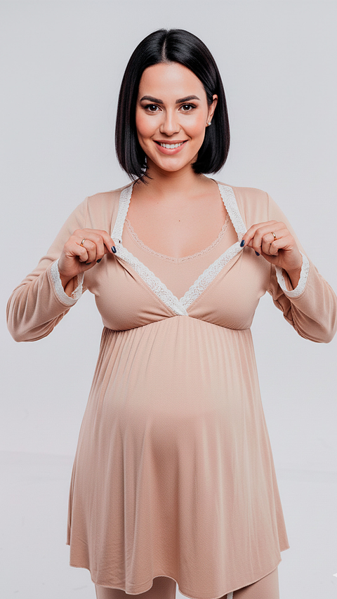 Pijama Maternal  Modelo Victoria, MangaLarga, Algodon Sistema Lactancia, Beige