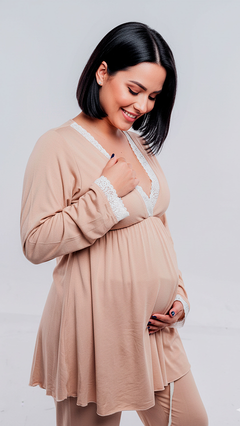 Pijama Maternal  Modelo Victoria, MangaLarga, Algodon Sistema Lactancia, Beige