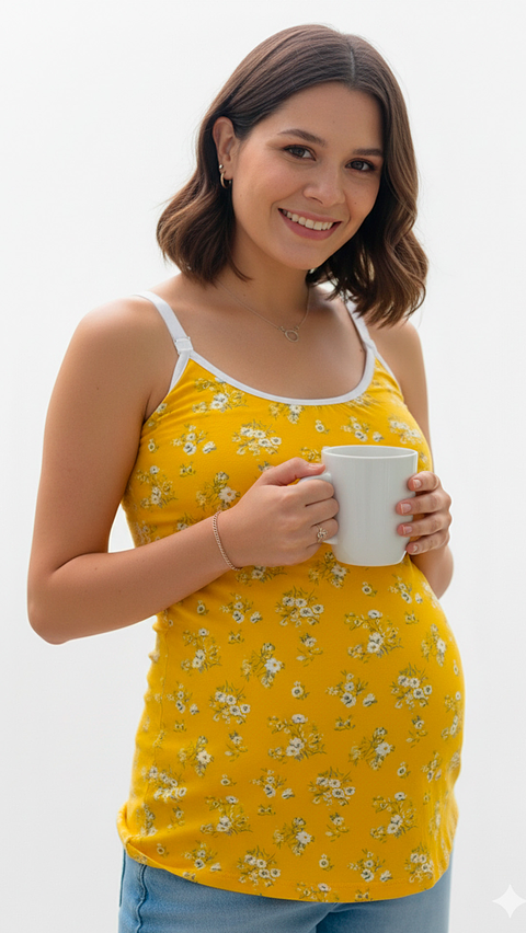 Polo Tiritas: Soporte & Lactancia & Casual - (Amarillo / Flores Blanca)