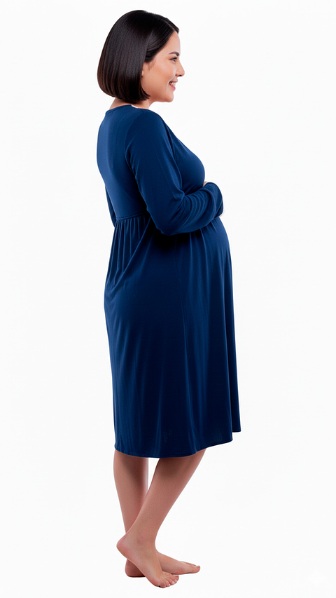 Camisón Maternal Victoria: MangaLarga & Sistema de Lactancia (Azul)