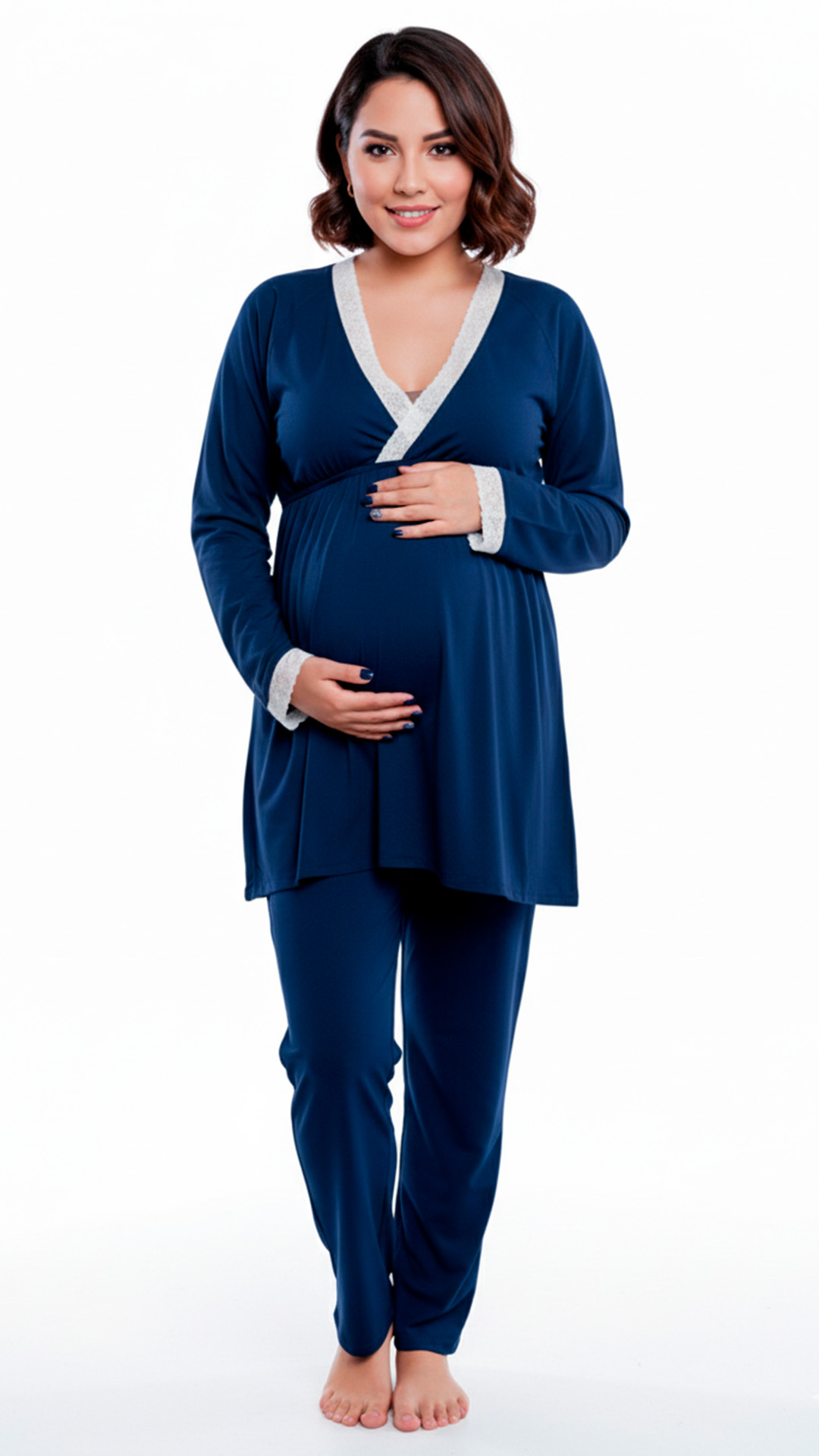 Pijama Maternal  Modelo Victoria, MangaLarga, Algodon, Sistema Lactancia, Azul 2