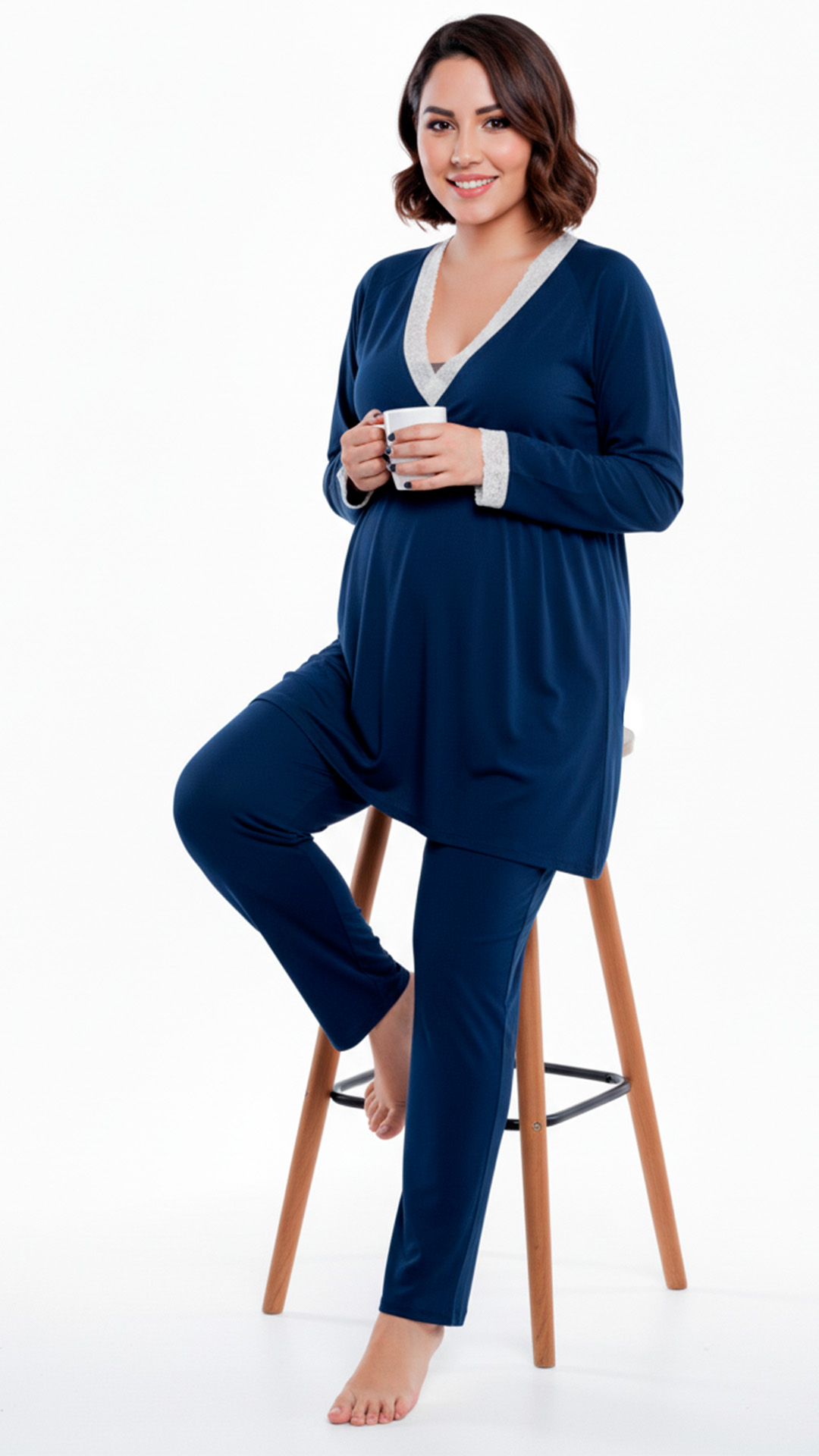 Pijama Maternal  Modelo Victoria, MangaLarga, Algodon, Sistema Lactancia, Azul 4