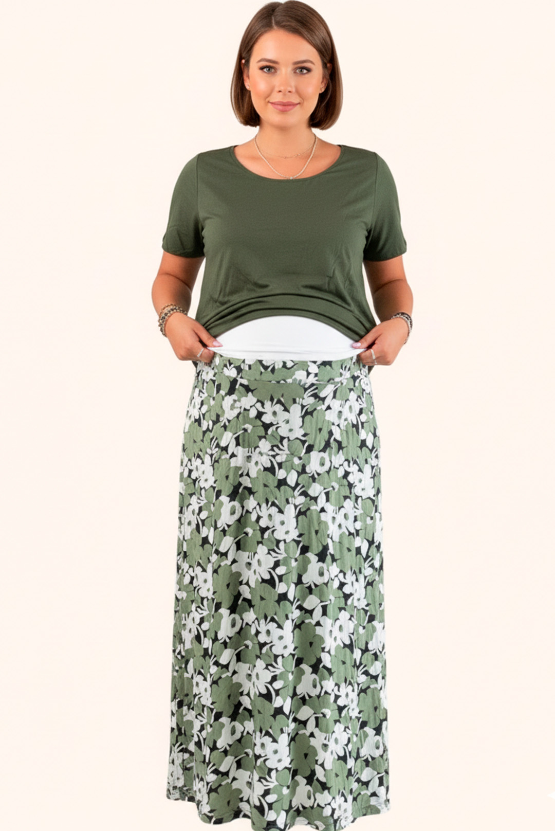 Vestido Maternal, Falda Maxi y Polo Aperturas de Lactancia, VerdeFloreado 10