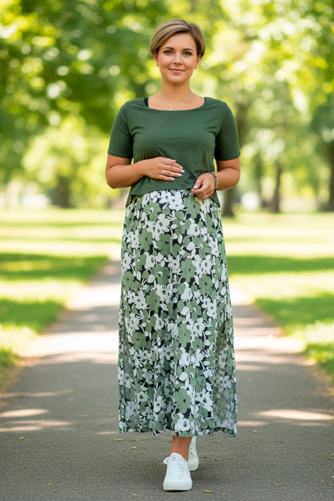 Vestido Maternal, Falda Maxi y Polo Aperturas de Lactancia, VerdeFloreado 3