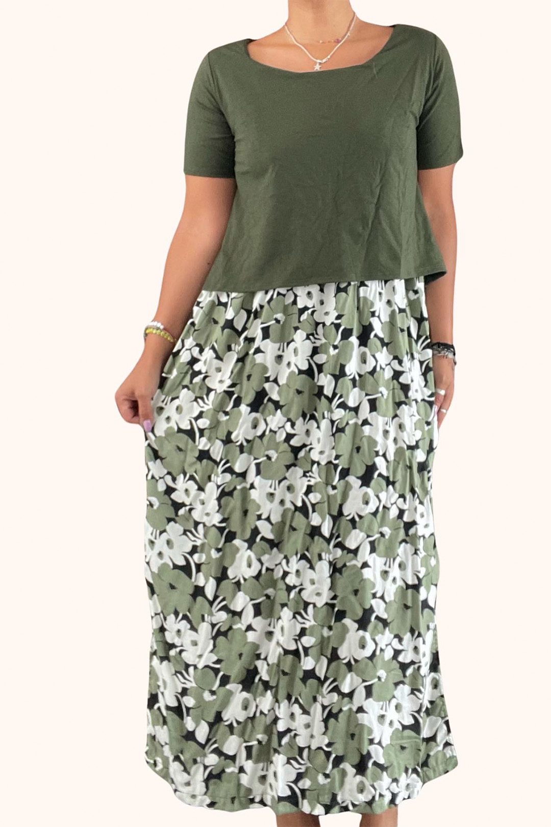 Vestido Maternal, Falda Maxi y Polo Aperturas de Lactancia, VerdeFloreado 9