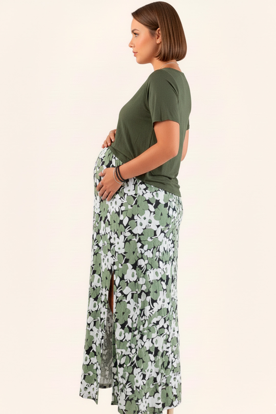 Vestido Maternal, Falda Maxi y Polo Aperturas de Lactancia, VerdeFloreado 5