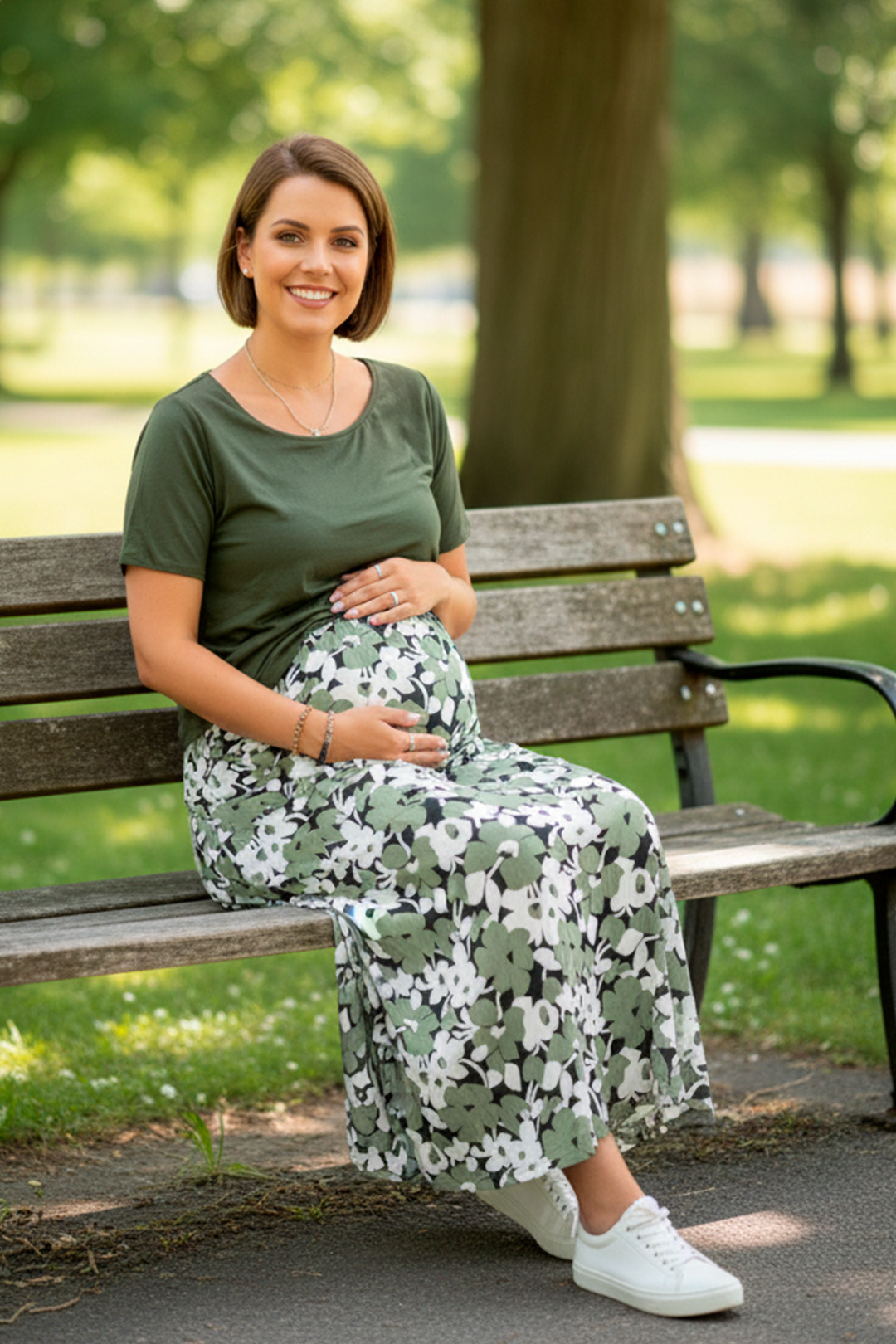 Vestido Maternal, Falda Maxi y Polo Aperturas de Lactancia, VerdeFloreado 6