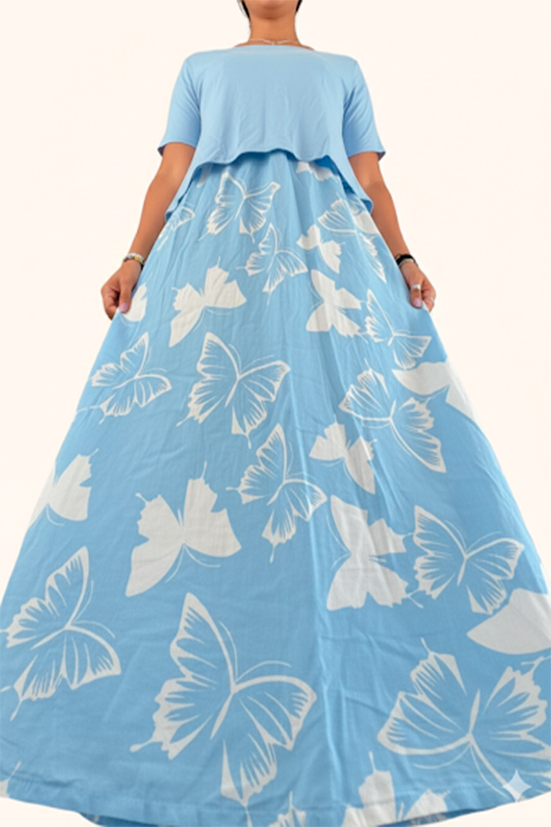 Vestido Maternal, Falda Maxi y Polo Aperturas de Lactancia, CelesteFloreado 13