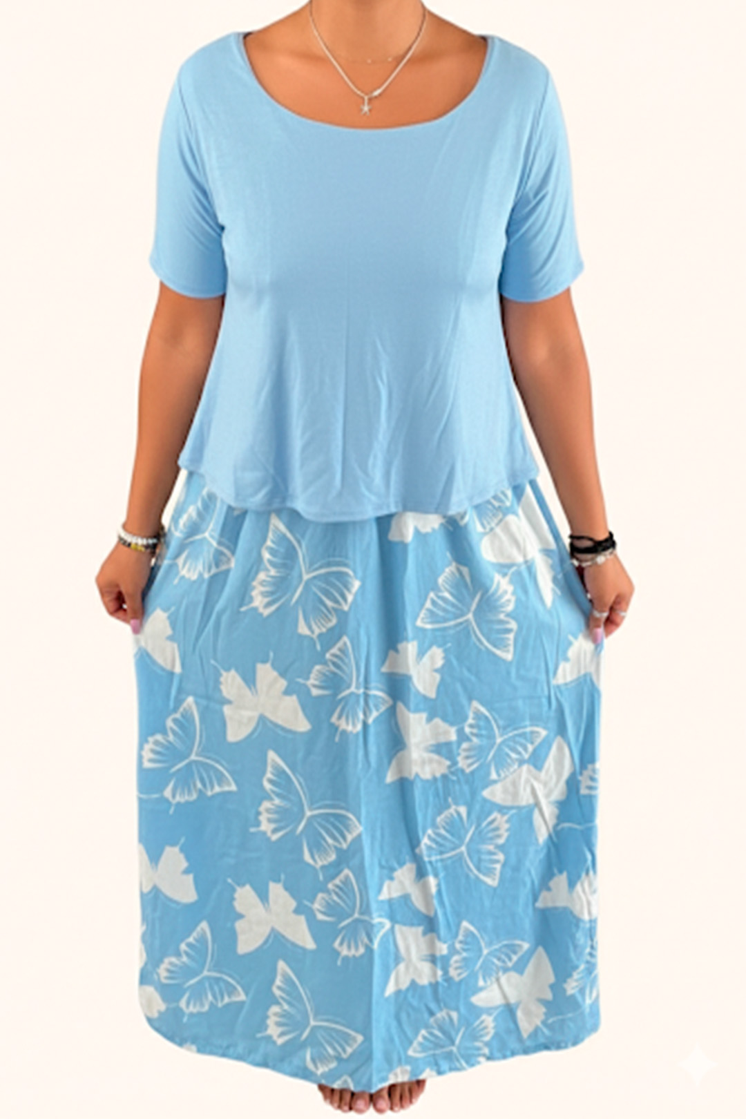 Vestido Maternal, Falda Maxi y Polo Aperturas de Lactancia, CelesteFloreado 15