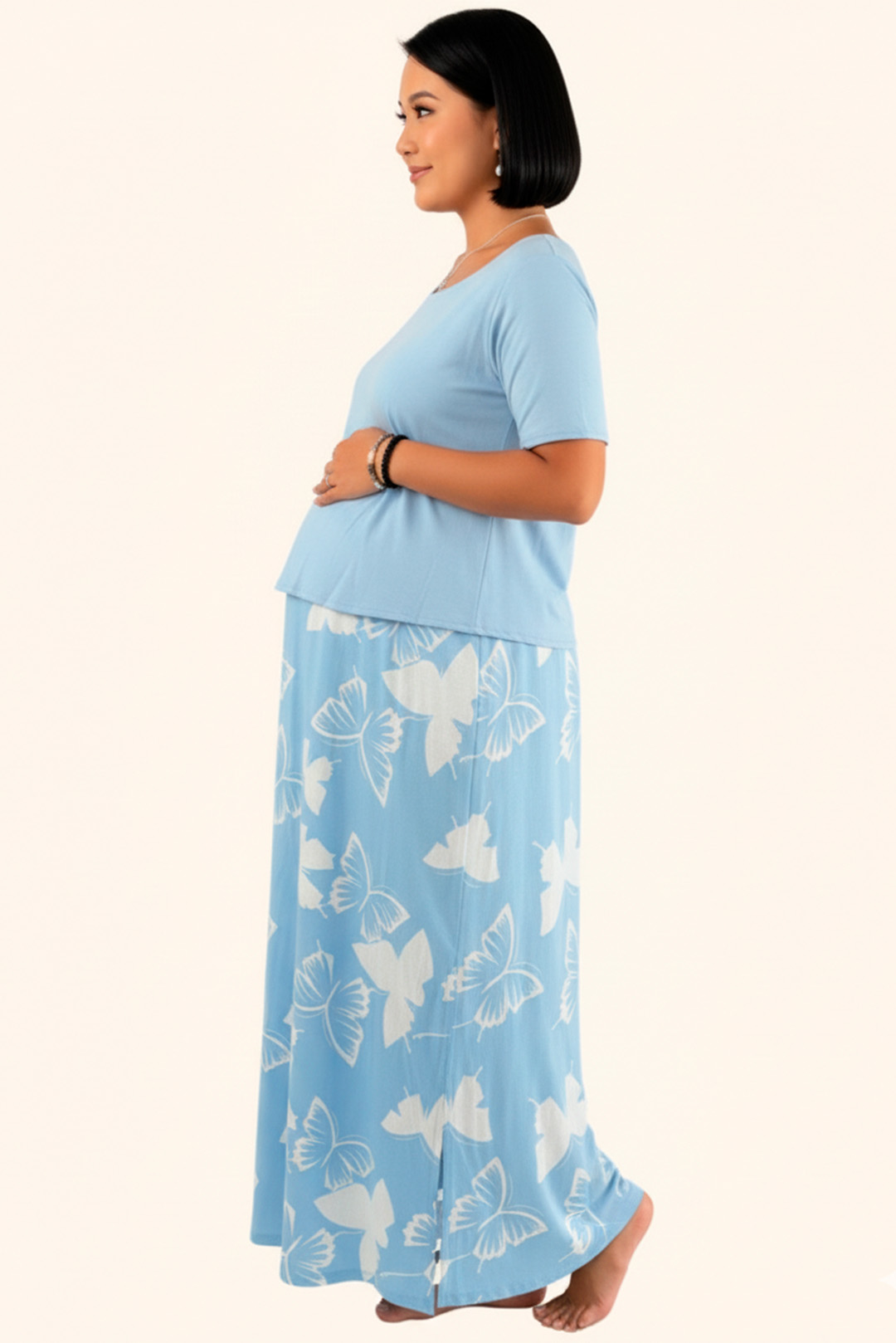 Vestido Maternal, Falda Maxi y Polo Aperturas de Lactancia, CelesteFloreado 3