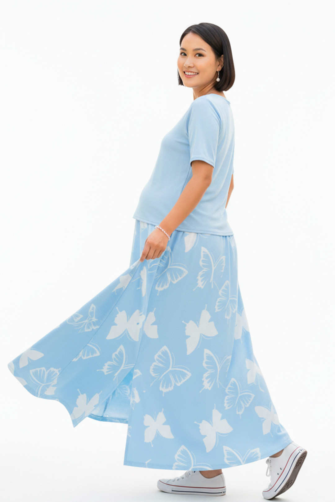 Vestido Maternal, Falda Maxi y Polo Aperturas de Lactancia, CelesteFloreado 4