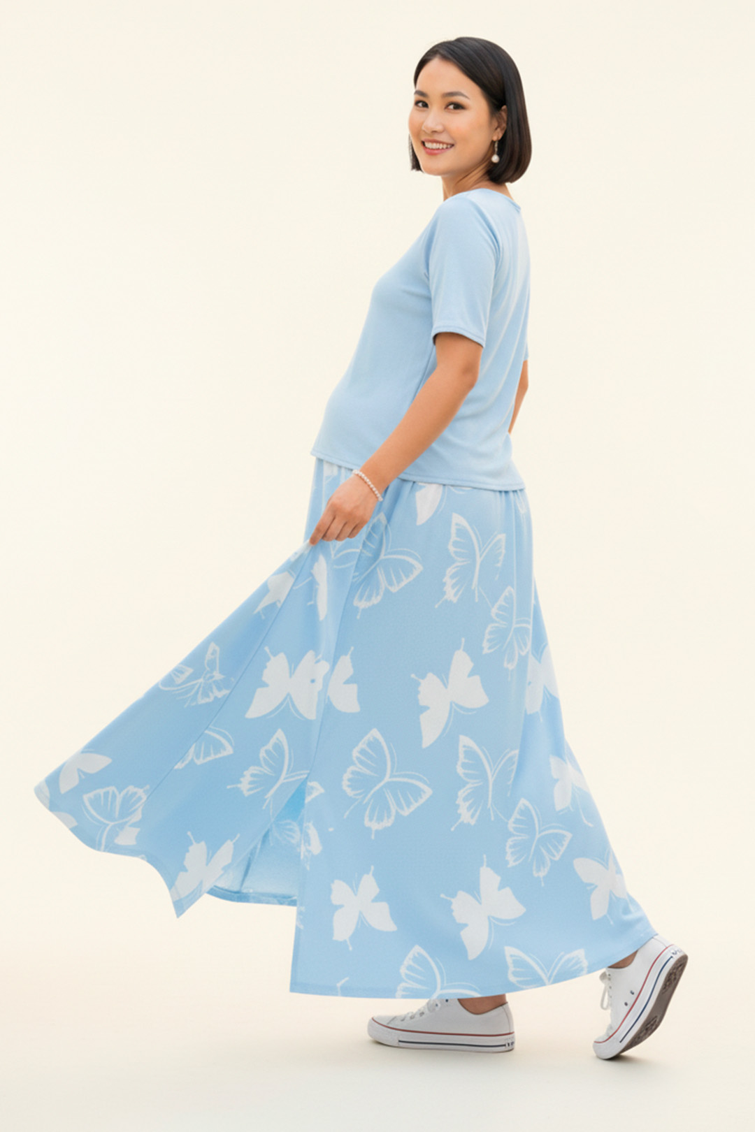 Vestido Maternal, Falda Maxi y Polo Aperturas de Lactancia, CelesteFloreado 6