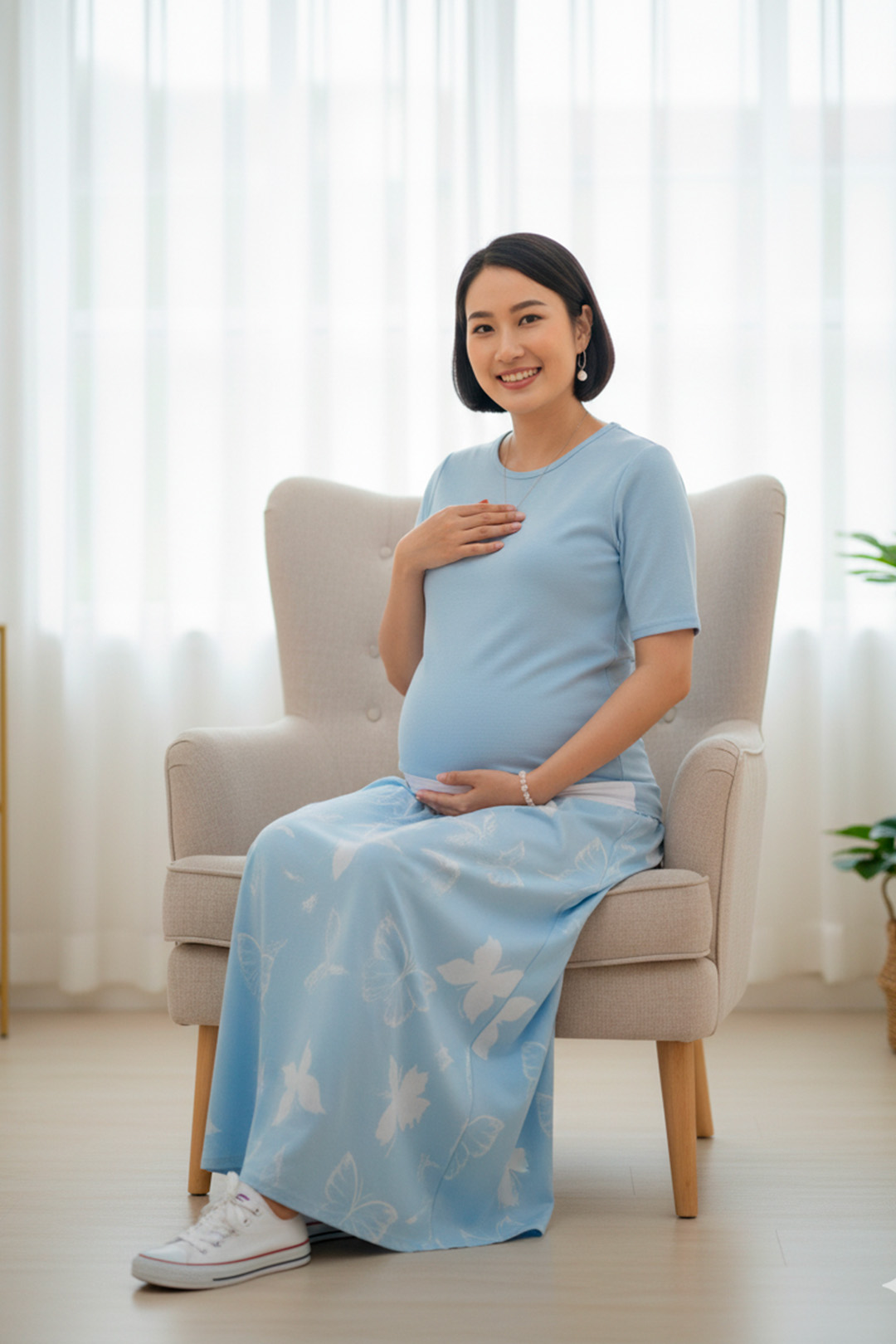 Vestido Maternal, Falda Maxi y Polo Aperturas de Lactancia, CelesteFloreado 11