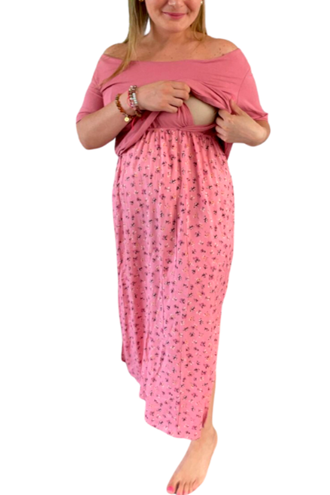 Vestido Maternal, Falda Maxi y Polo Aperturas de Lactancia, PaloRosa 17