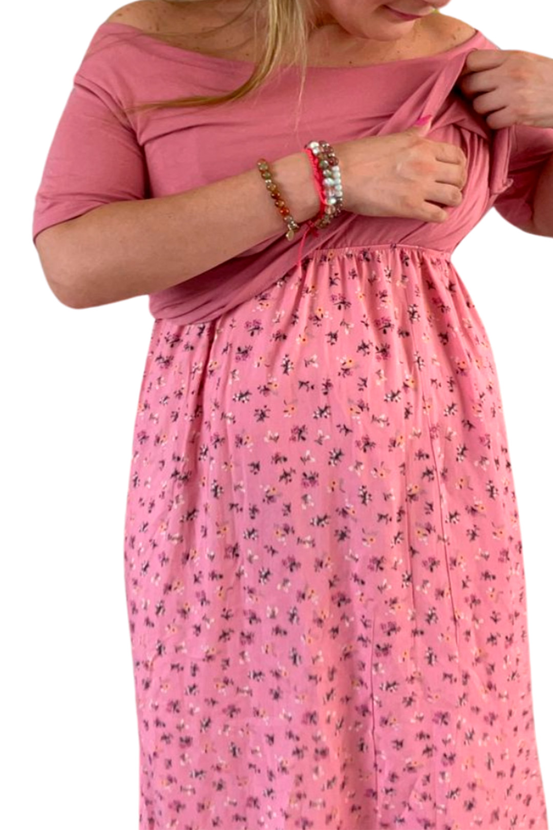 Vestido Maternal, Falda Maxi y Polo Aperturas de Lactancia, PaloRosa 6