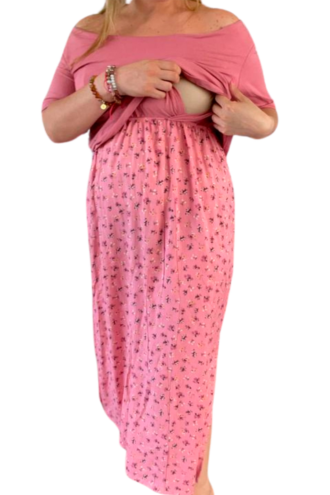 Vestido Maternal, Falda Maxi y Polo Aperturas de Lactancia, PaloRosa 11