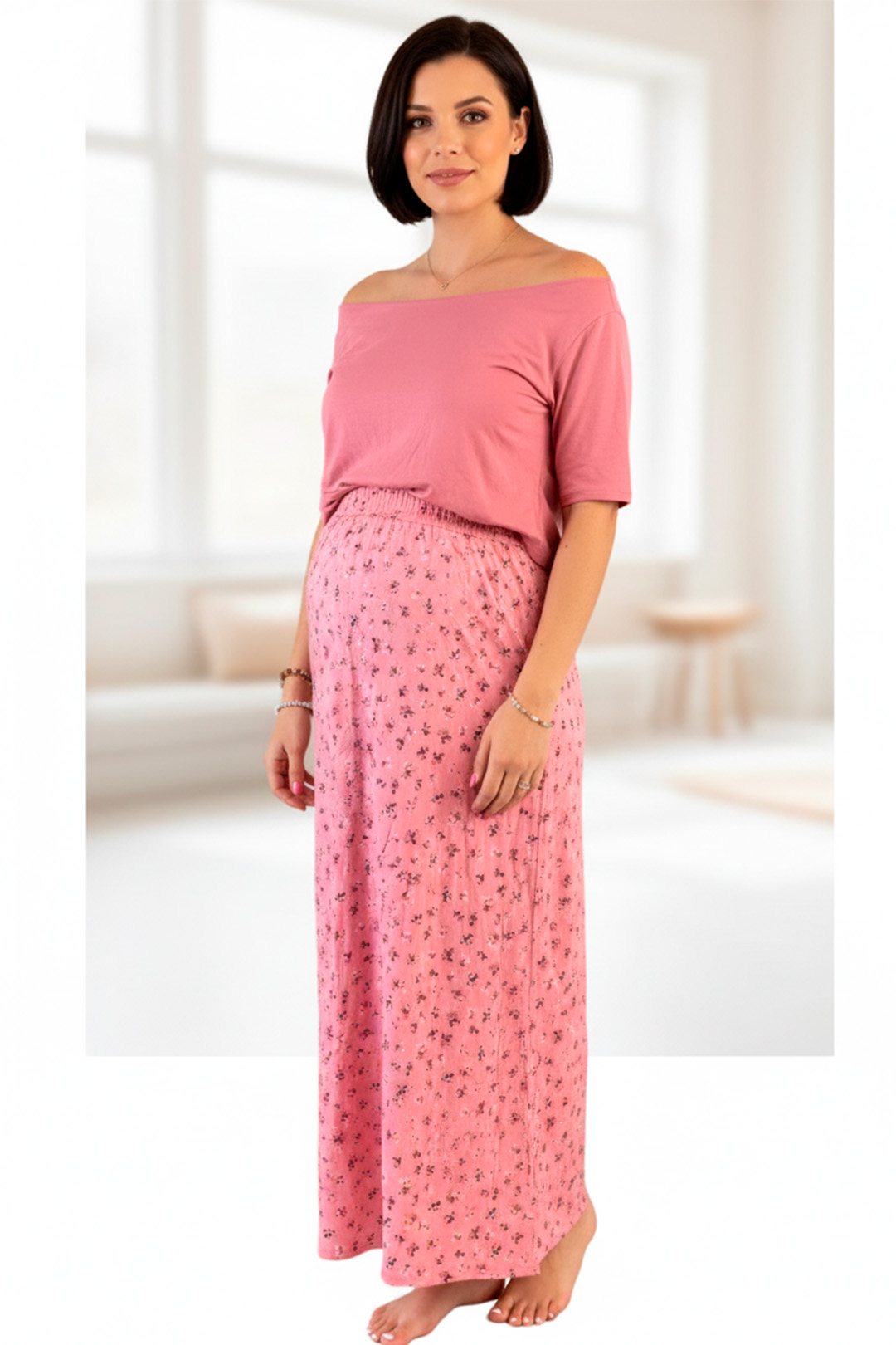 Vestido Maternal, Falda Maxi y Polo Aperturas de Lactancia, PaloRosa 13