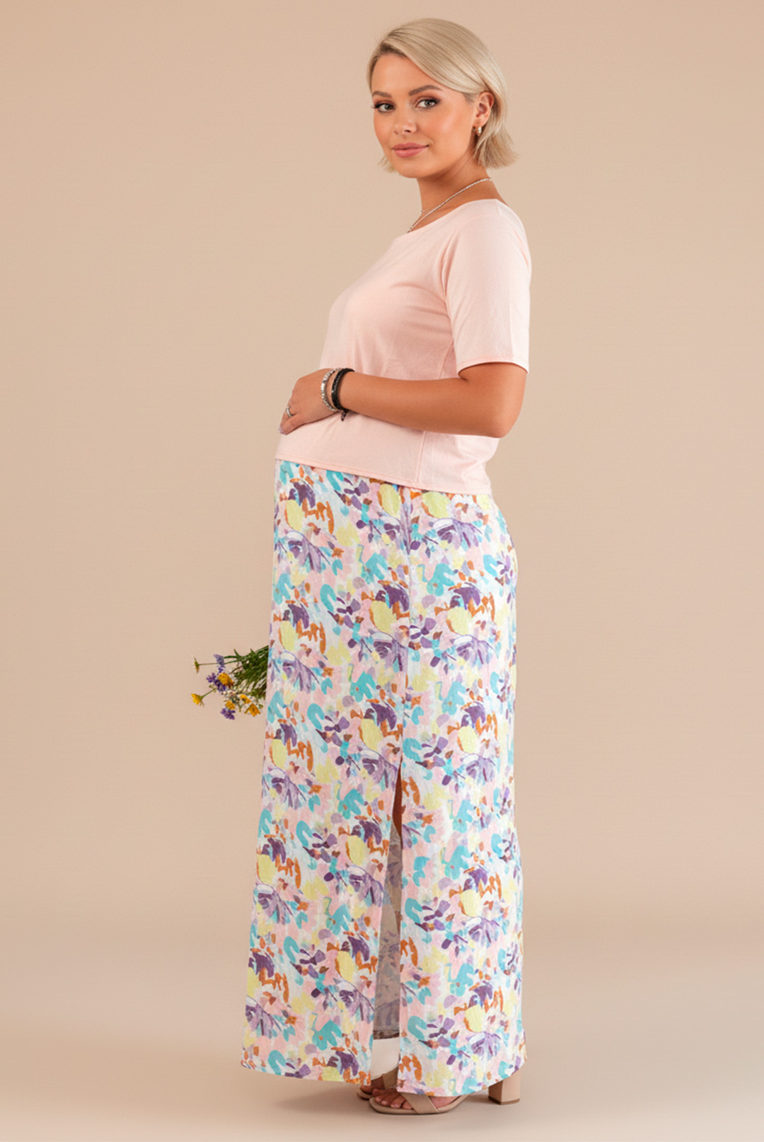 Vestido Maternal, Falda Maxi y Polo Aperturas de Lactancia, RosadoFloreado 4